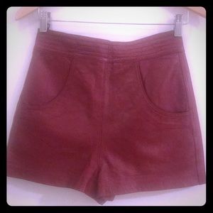 High wasted dark red leather shorts